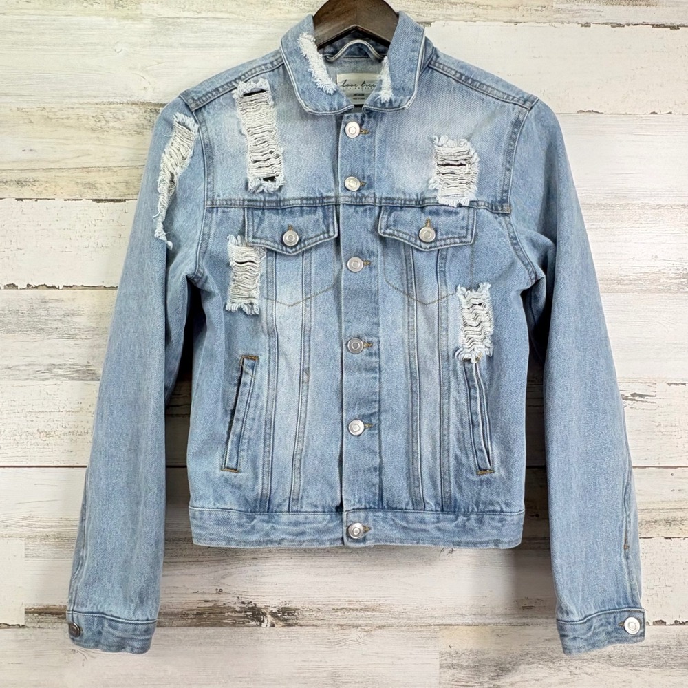Love Tree Distressed Denim Jacket Light Wash Ripped Jean Womens Medium